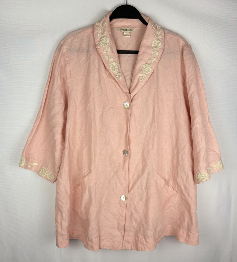 Vintage April Cornell Linen Blend Blazer Sz Large Pink Embroidered Cottagecore